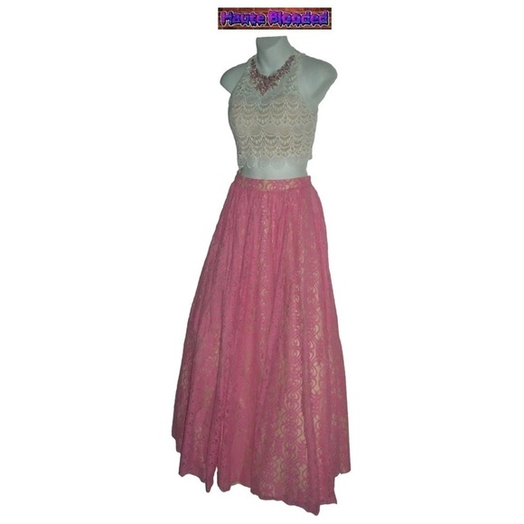 Studio 17 Dress Prom Crochet Crop Top Lace Tulle Skirt Pink Boho Carrie Bradshaw - Picture 4 of 15